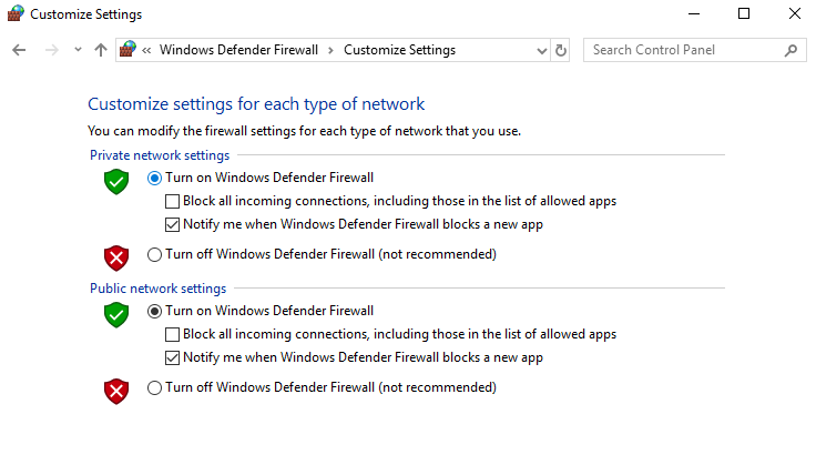 Turn on Windows Defender Firewall
